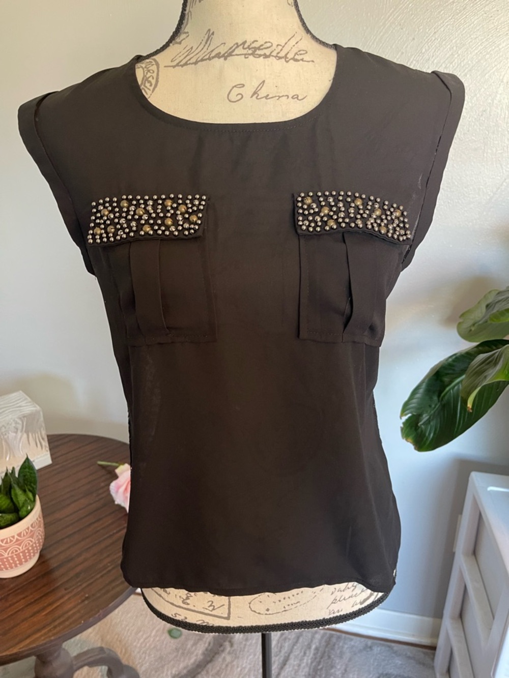 TCEC Black Lace Back Studded Blouse Top Size Small Gothic Chic
